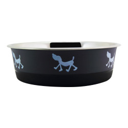 Stainless Steel Pet Bowl With Anti Skid Rubber Base And Dog Design, Gray And Black